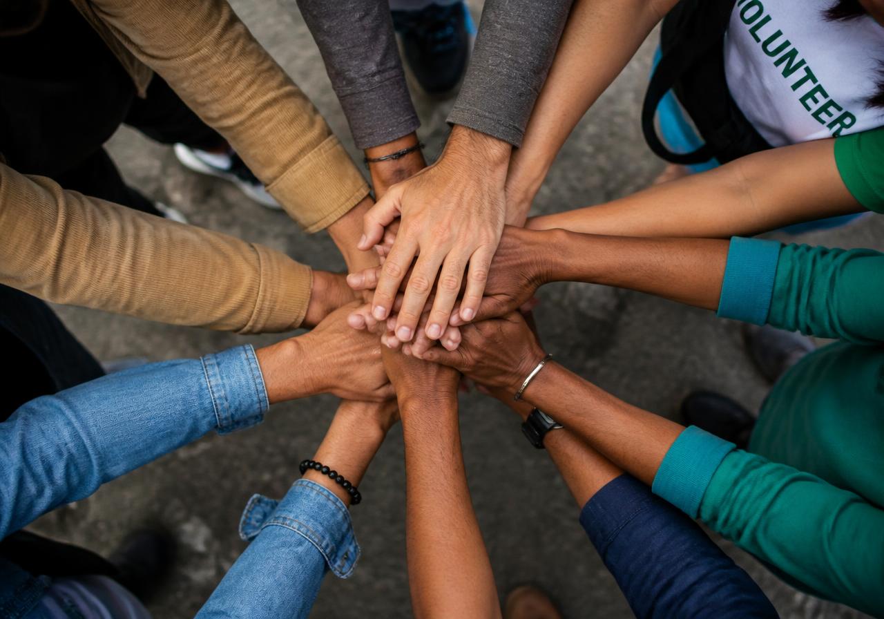 Volunteers stacking their hands together in a huddle