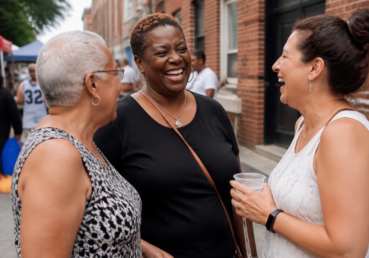 Three neighbors laughing together at a neighborhood street event