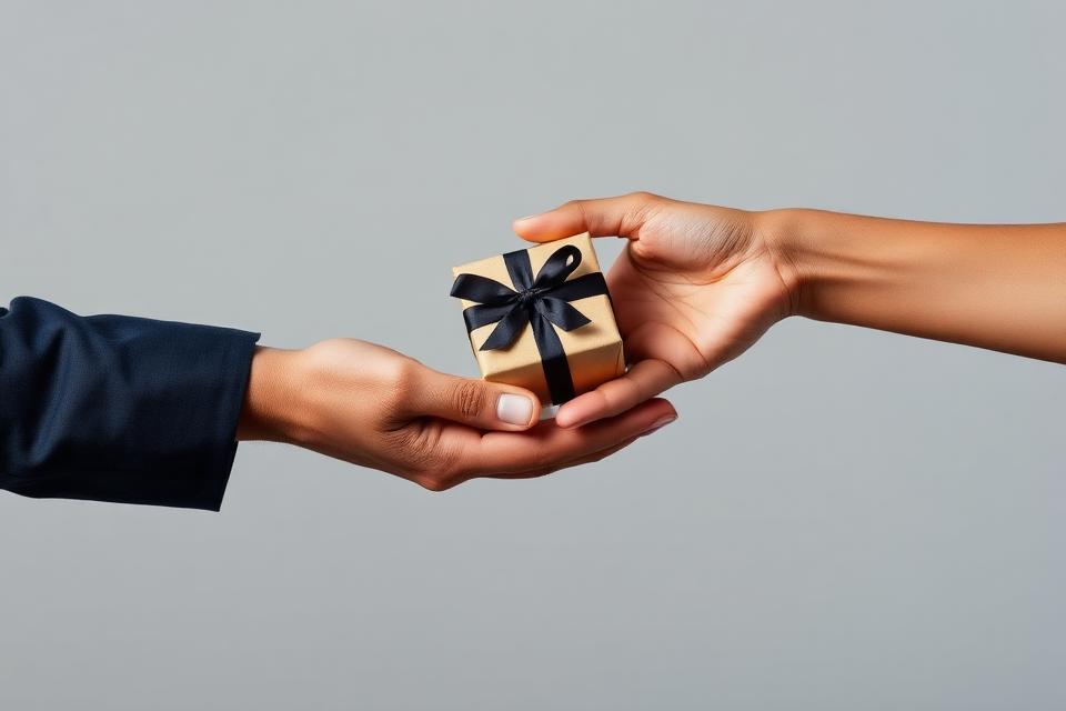 Two hands exchanging a small wrapped gift