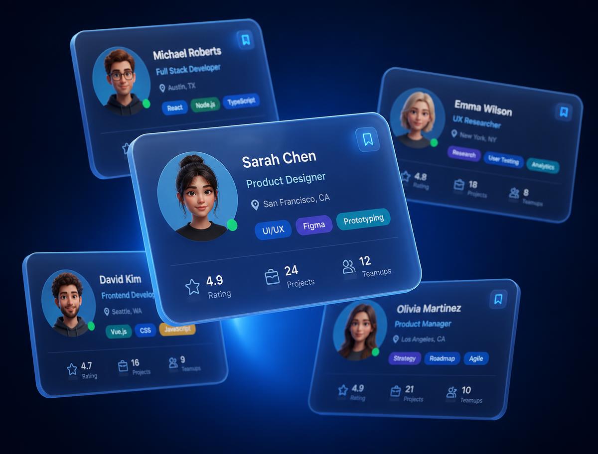 Layered member profile cards floating above a deep navy background