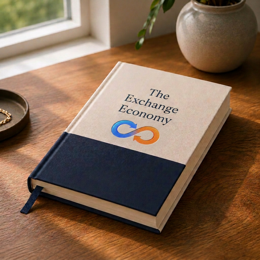 A cream and navy hardcover book resting on a wooden desk