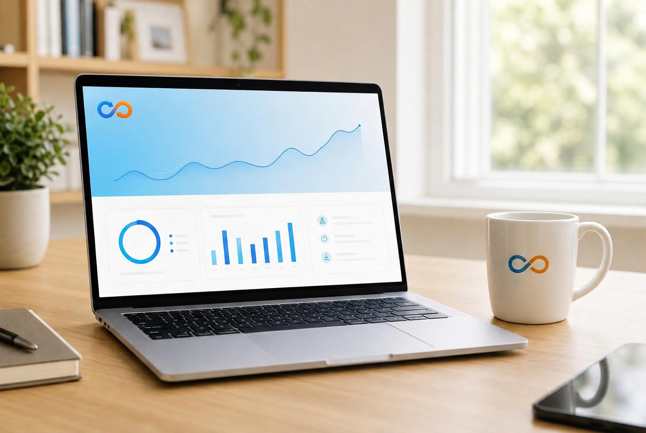 A laptop showing the swapup dashboard beside a swapup mug and books