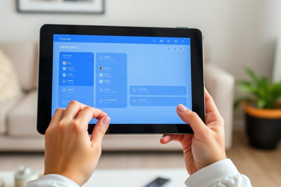 Hands holding a tablet showing a planning dashboard