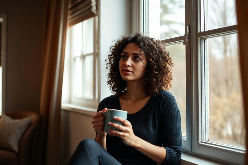 A woman sitting by a window holding a mug, thinking