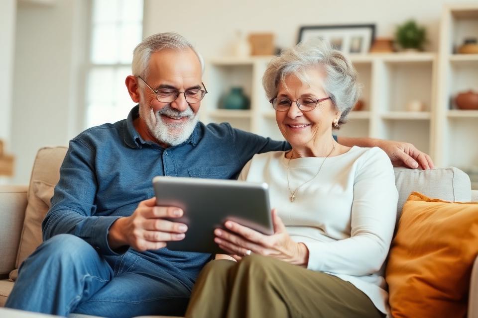 An older couple sitting together looking at a tablet