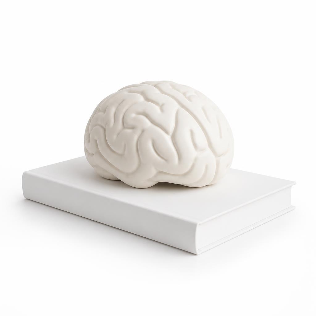 A sculpted model of a brain resting on a stack of books