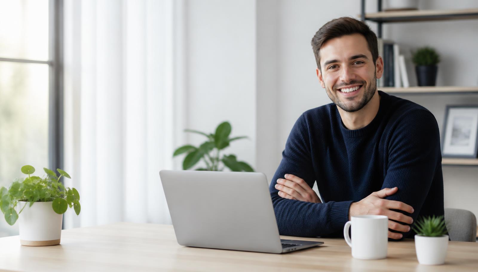 A member smiling at a bright home desk during a daily check-in