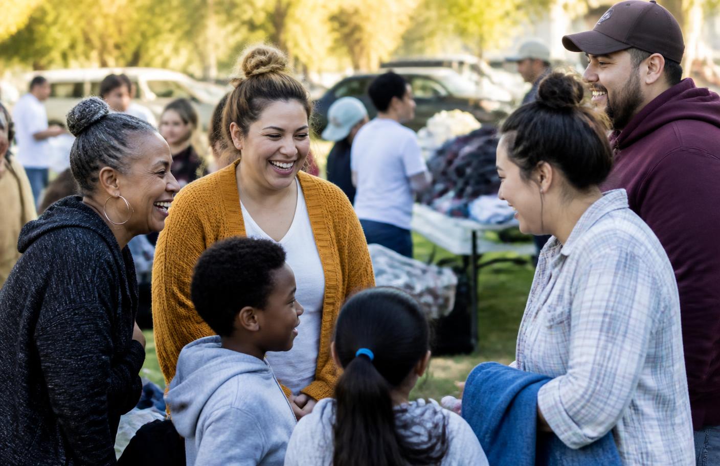 Neighbors and volunteers laughing together at an outdoor community event