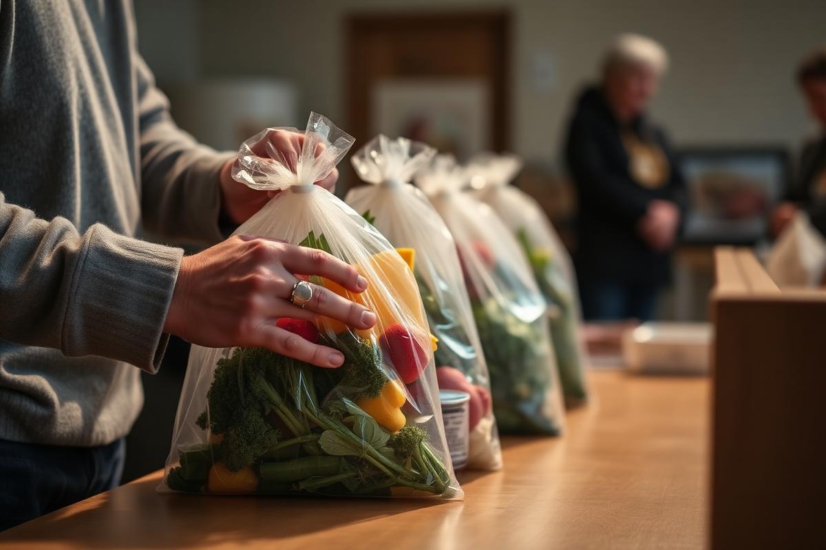 Hands passing fresh groceries at a community food pantry