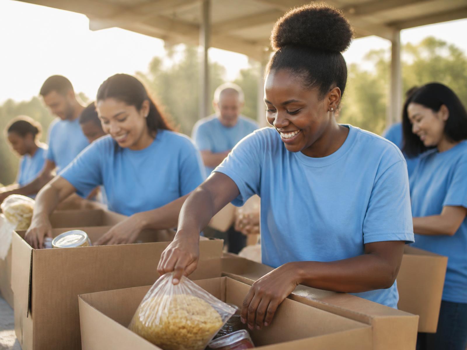 Volunteers packing donation boxes together at a community drive