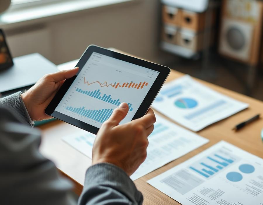 A person reviewing charts on a tablet beside printed reports