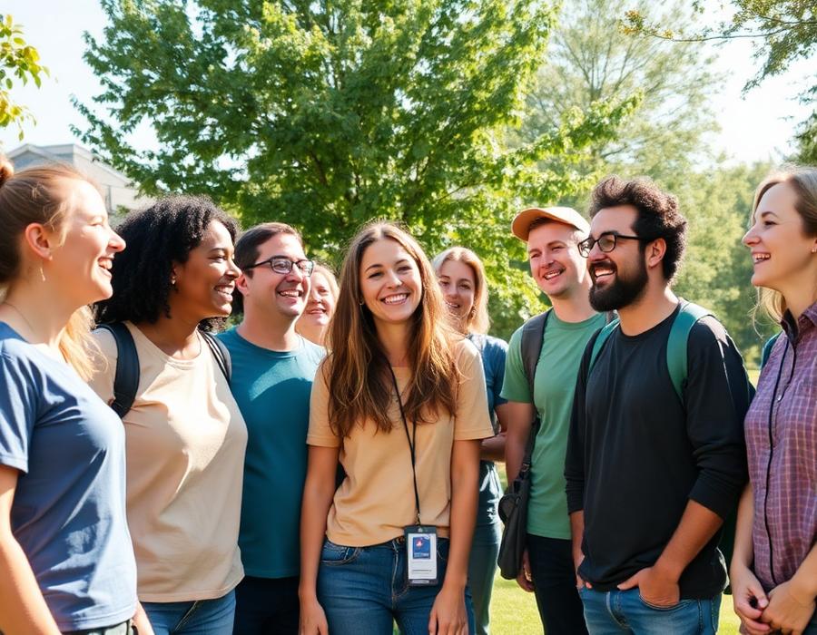 A group of volunteers laughing together outdoors