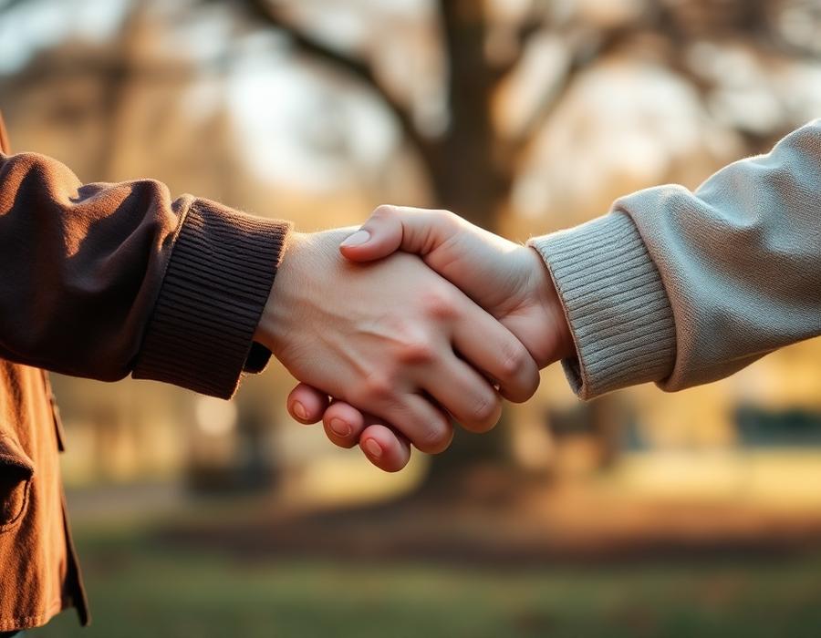 Two people clasping hands in support