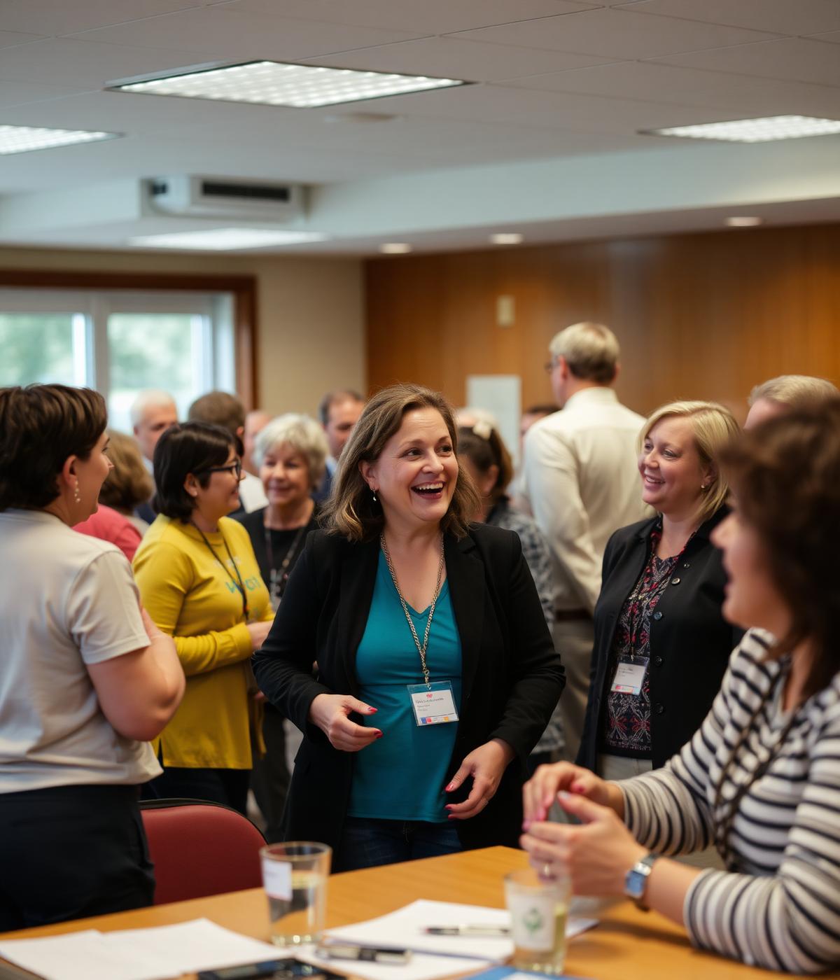 Members of a local association networking and laughing at a meetup