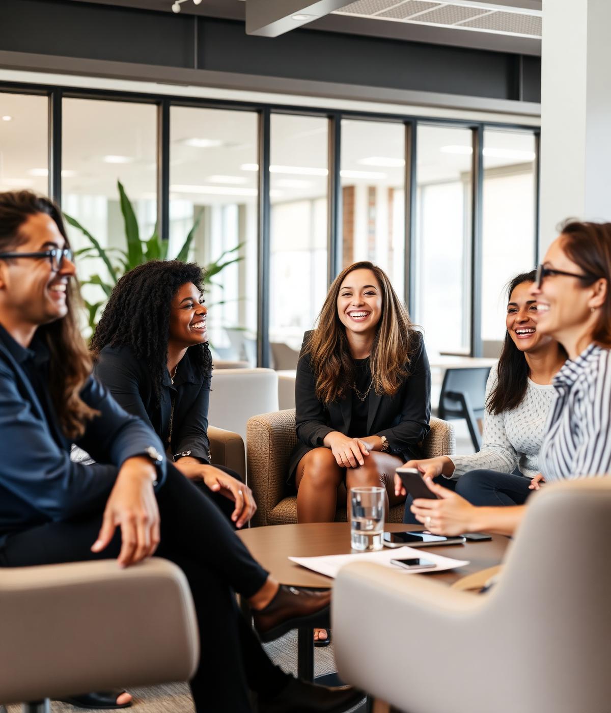 Colleagues laughing during a casual meeting in a modern office lounge
