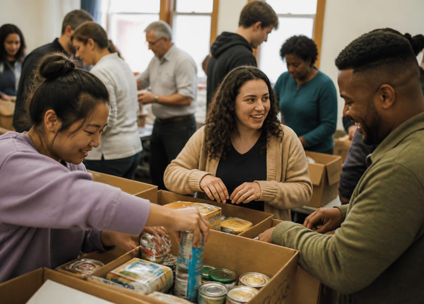 Members of a faith community sharing a meal together in a bright hall