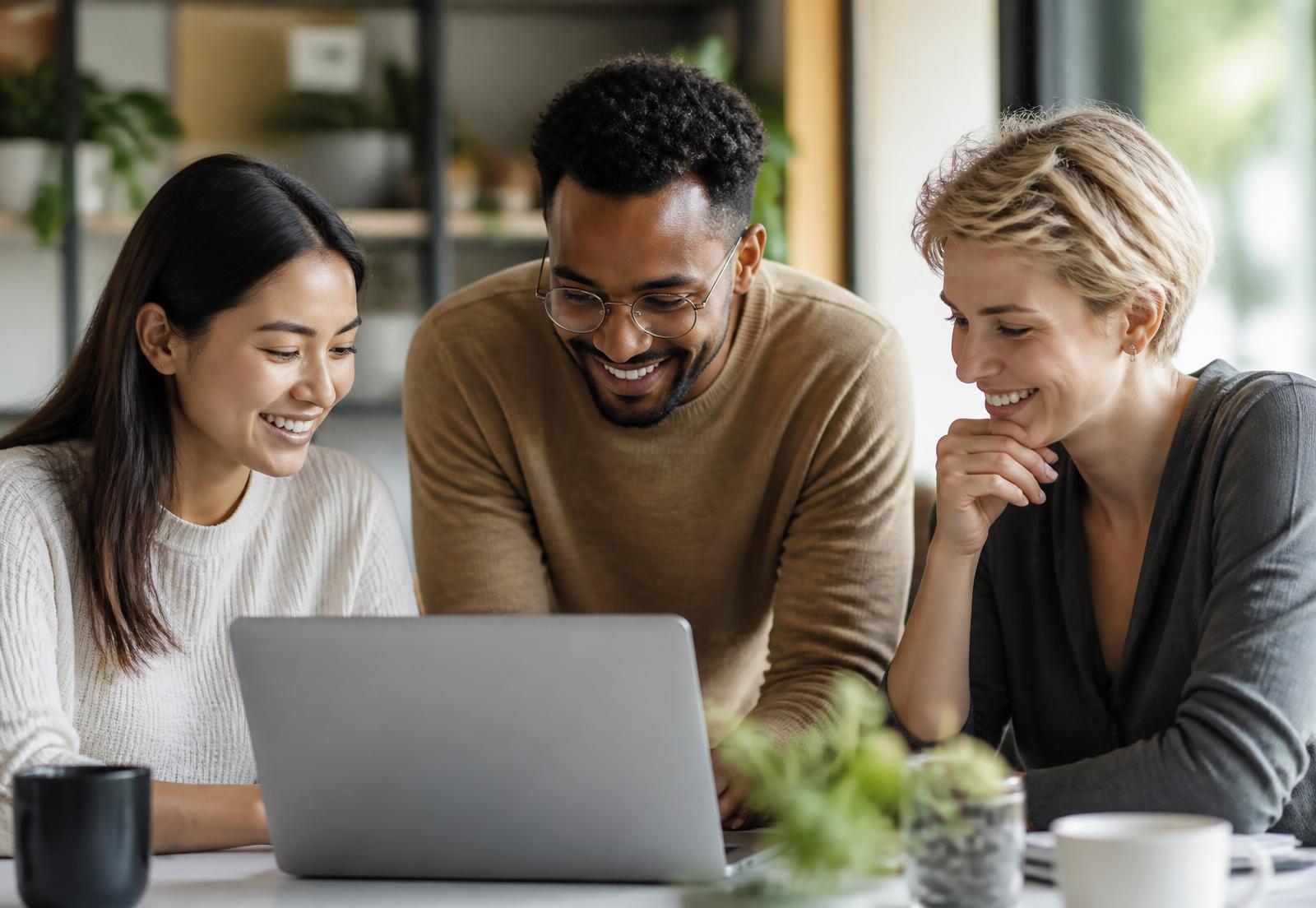 Three colleagues collaborating around a laptop