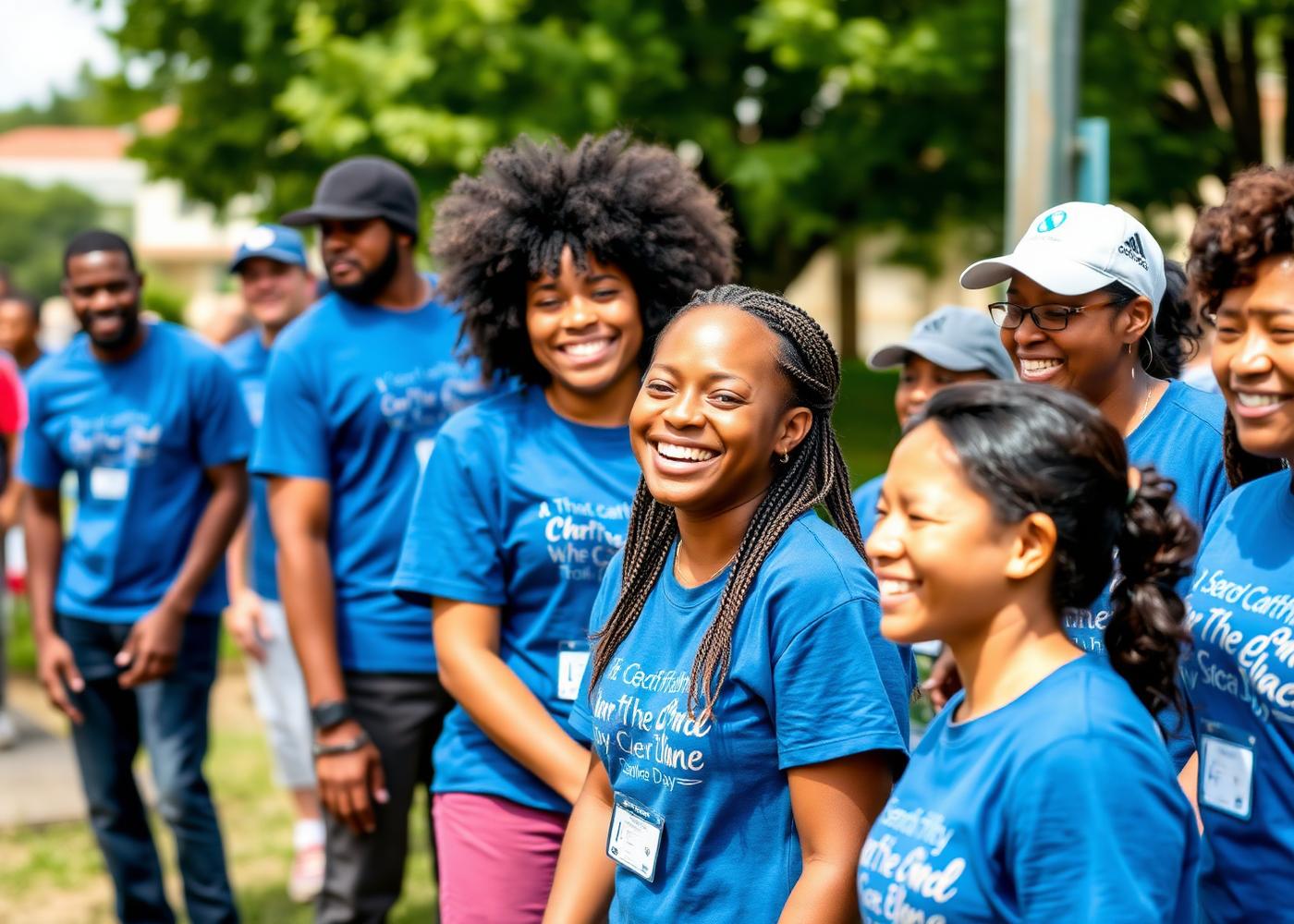 Volunteers in blue shirts smiling at a community service day