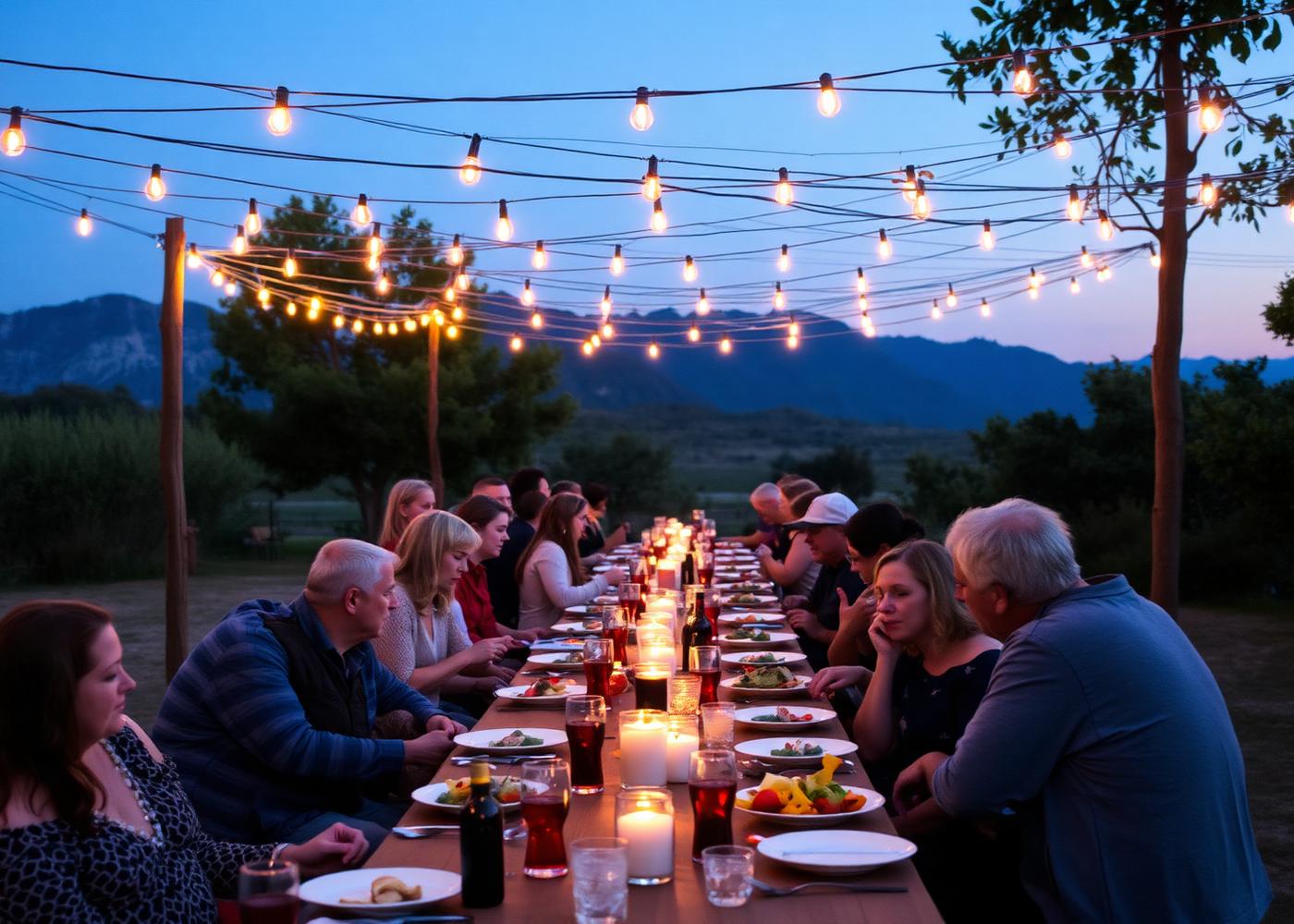 An outdoor evening gathering under string lights with mountains behind