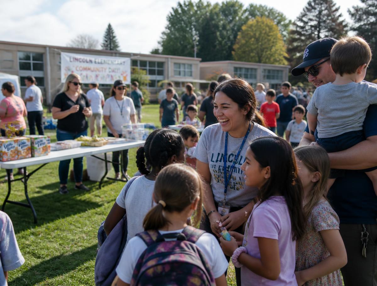 Teachers, parents, and kids gathered outside at a school community day event